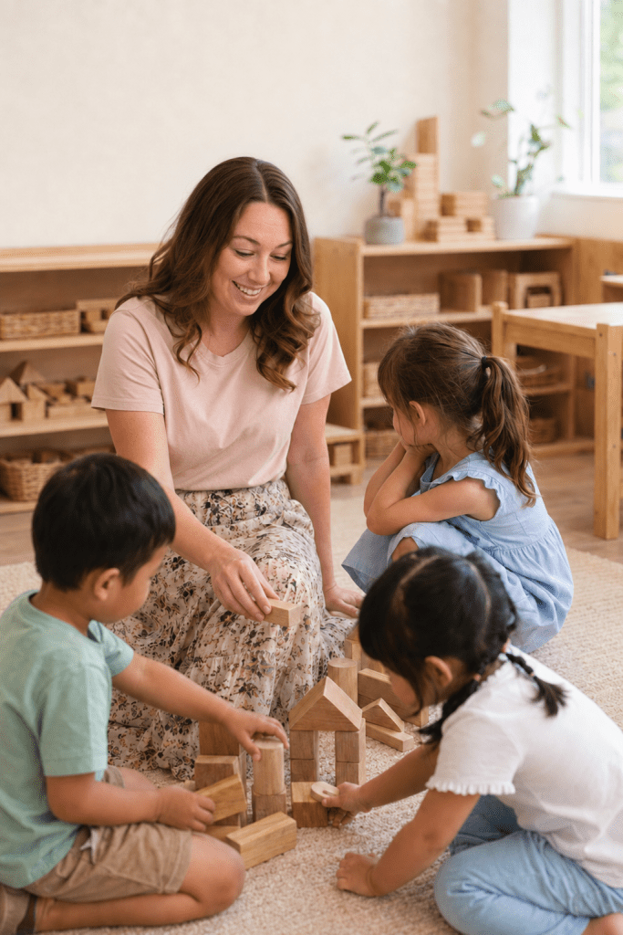 Preschool teacher sitting with children and helping them feel safe in the classroom