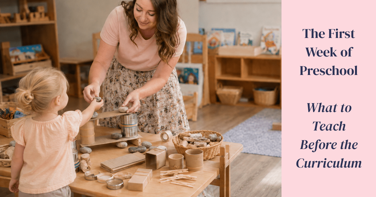 Preschool teacher helping a young child explore loose parts in a classroom.