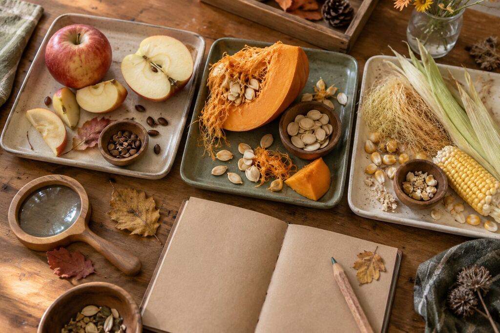 Fall preschool science observation trays with apples, pumpkins and corn.