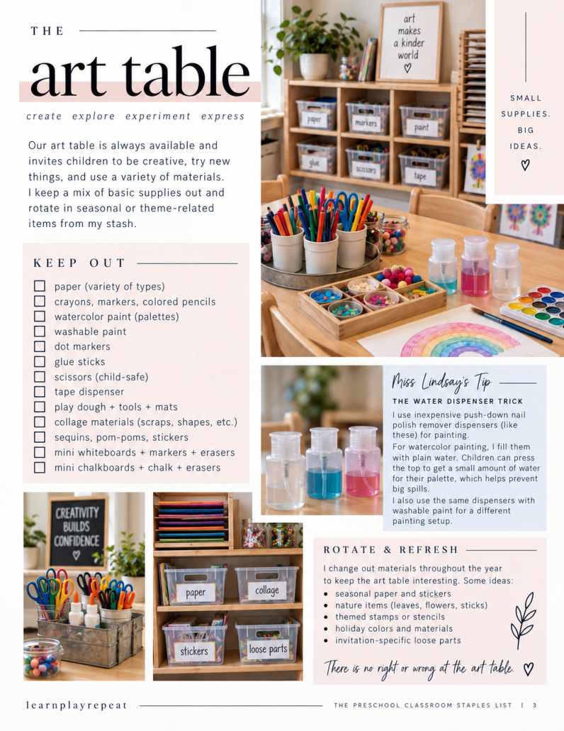 Preview of the art table page from the preschool classroom guide
