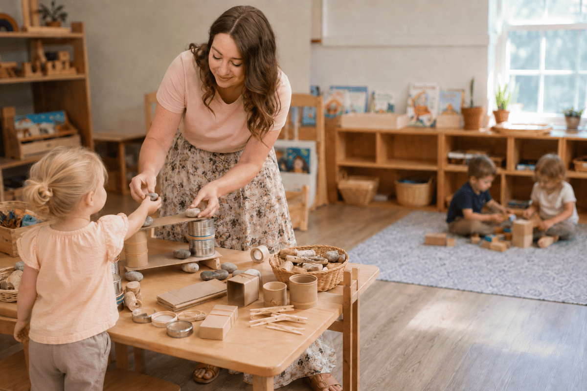 Preschool teacher Lindsay Foust exploring loose parts with children in the classroom
