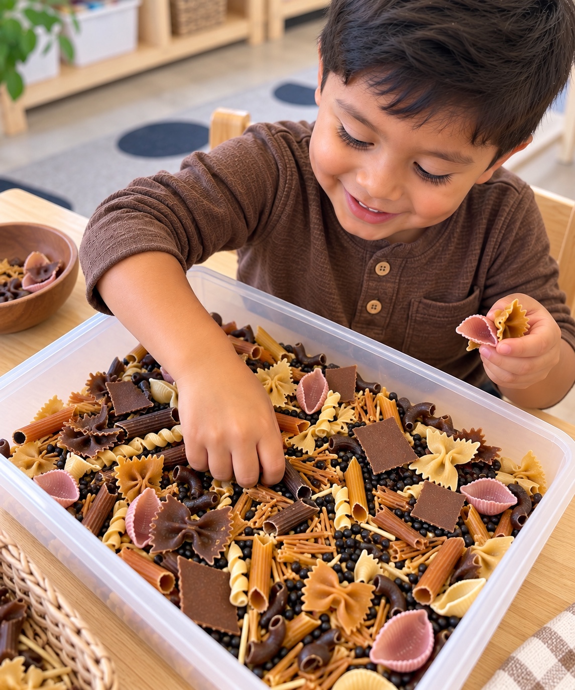 Preschool child exploring a pasta sensory bin for a bat science activity
