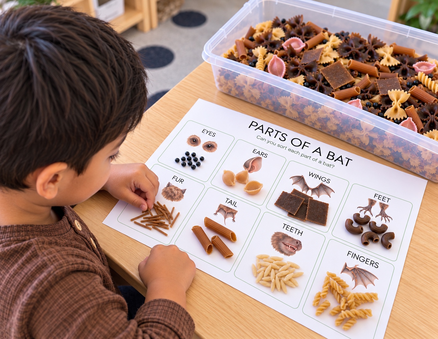 Preschool child sorting pasta onto a Parts of a Bat activity mat