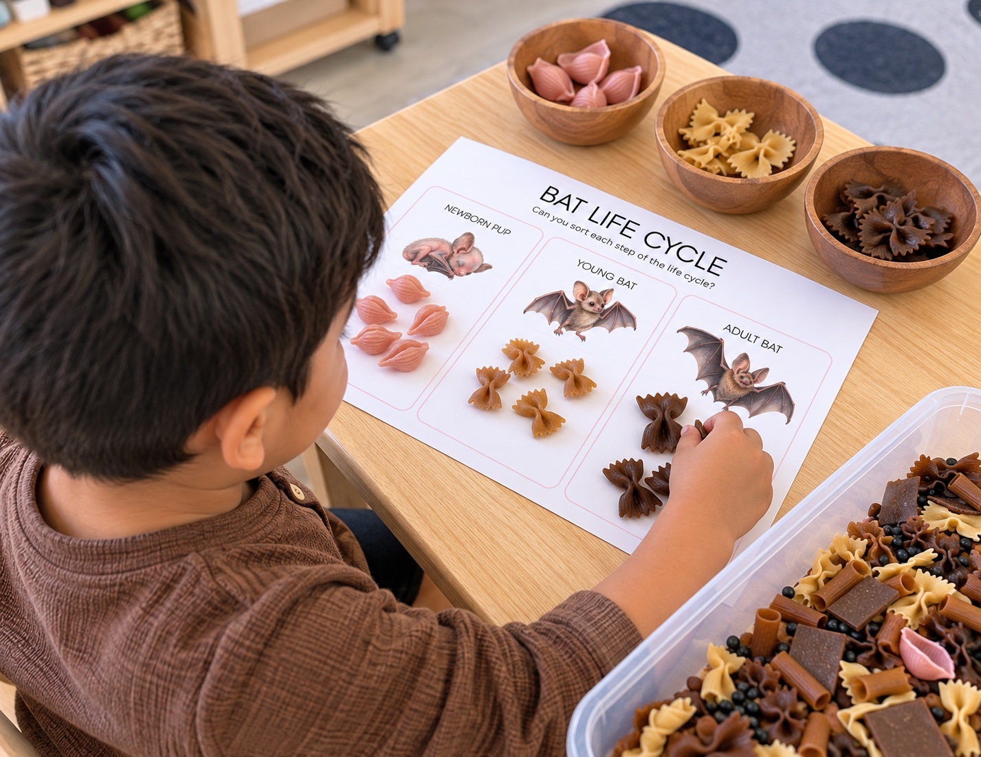 Preschool child sorting the bat life cycle from newborn pup to adult bat