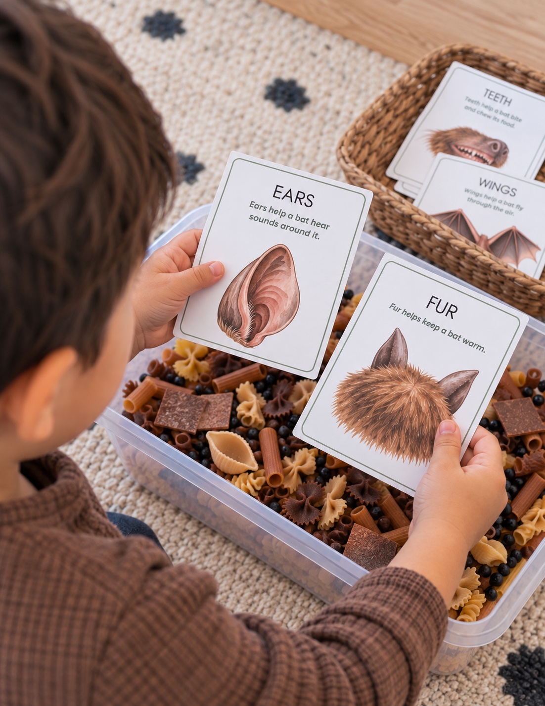 Preschool child exploring bat anatomy vocabulary cards