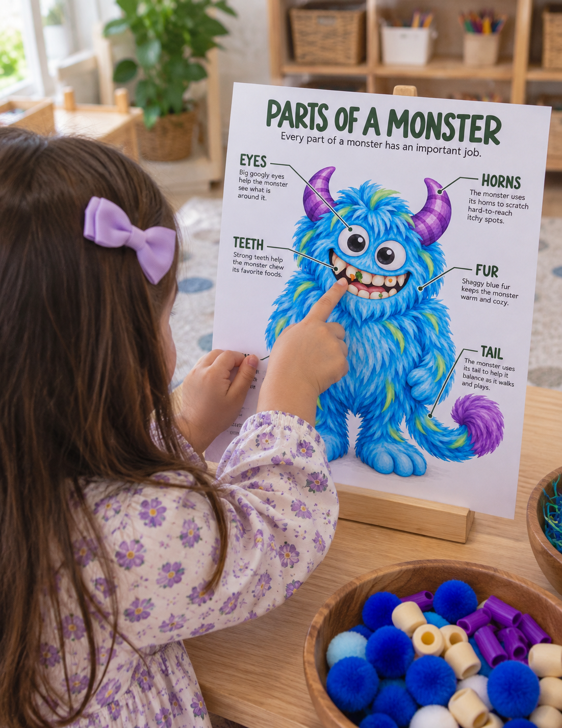 Preschool child exploring a Parts of a Monster poster