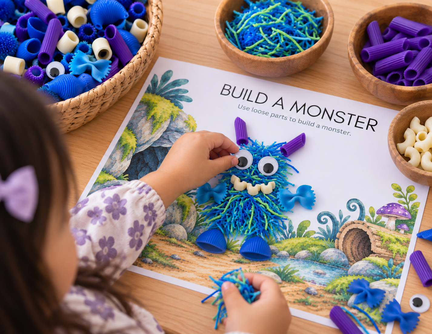 Preschool child building a monster with pasta and loose parts