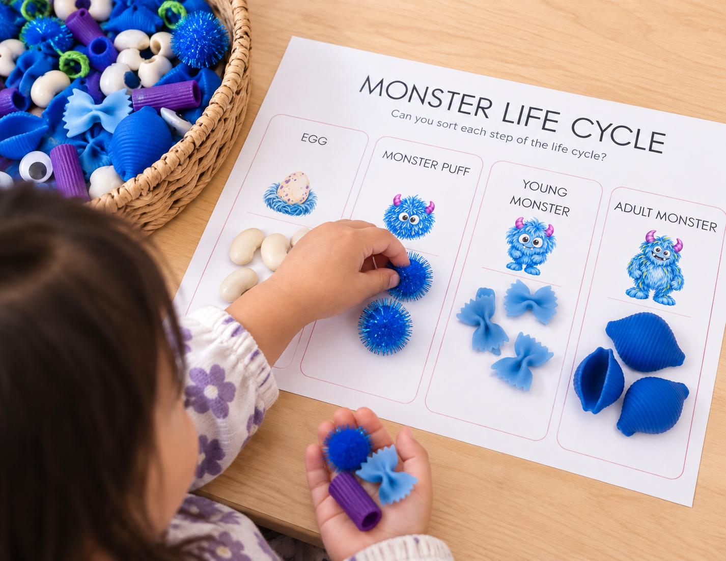 Preschool child sorting a fictional monster life cycle