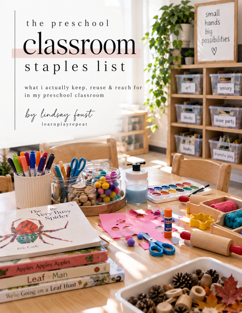Cover of The Preschool Classroom Staples List free preschool teacher guide