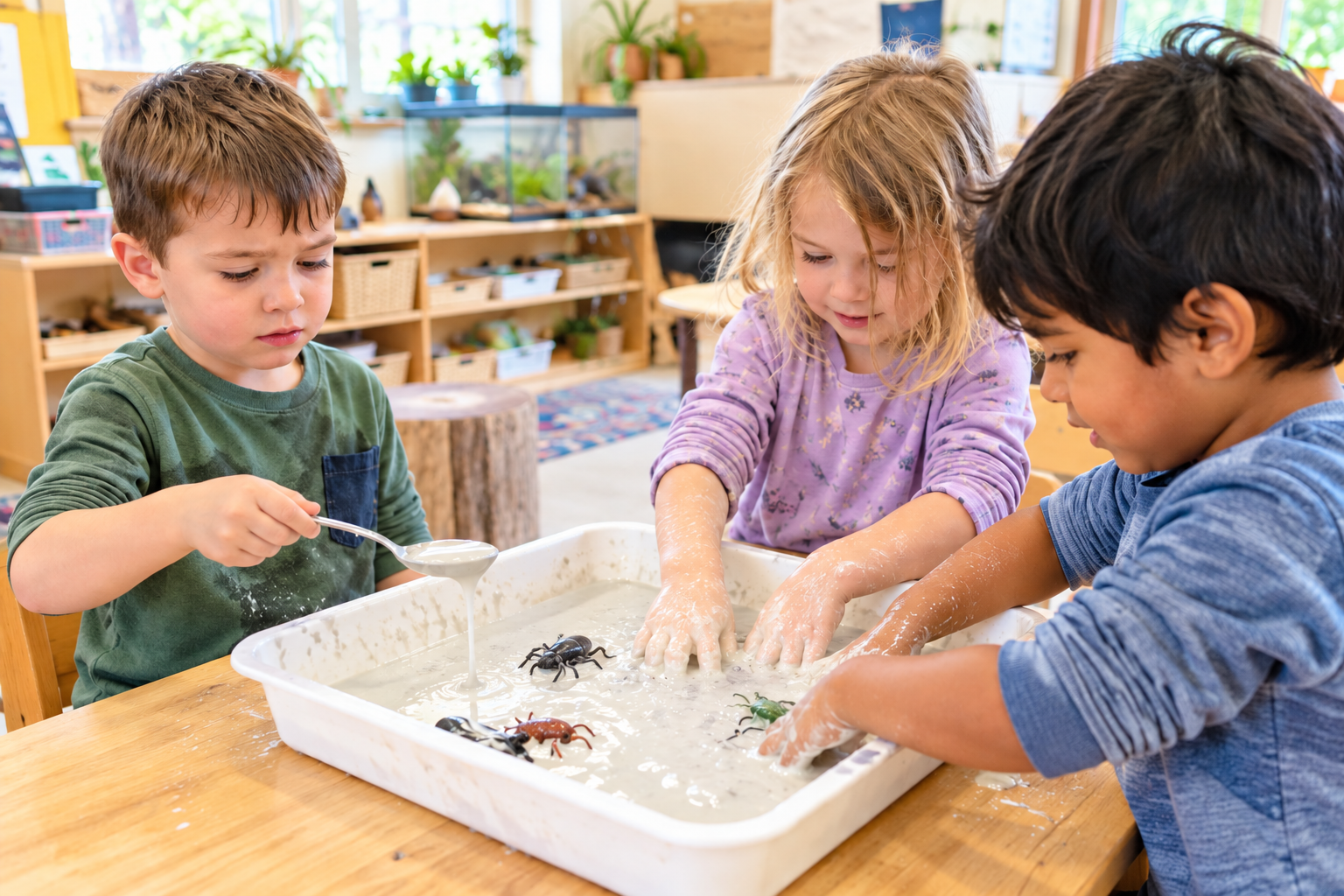 Preschool children exploring oobleck with toy bugs while one child uses a spoon