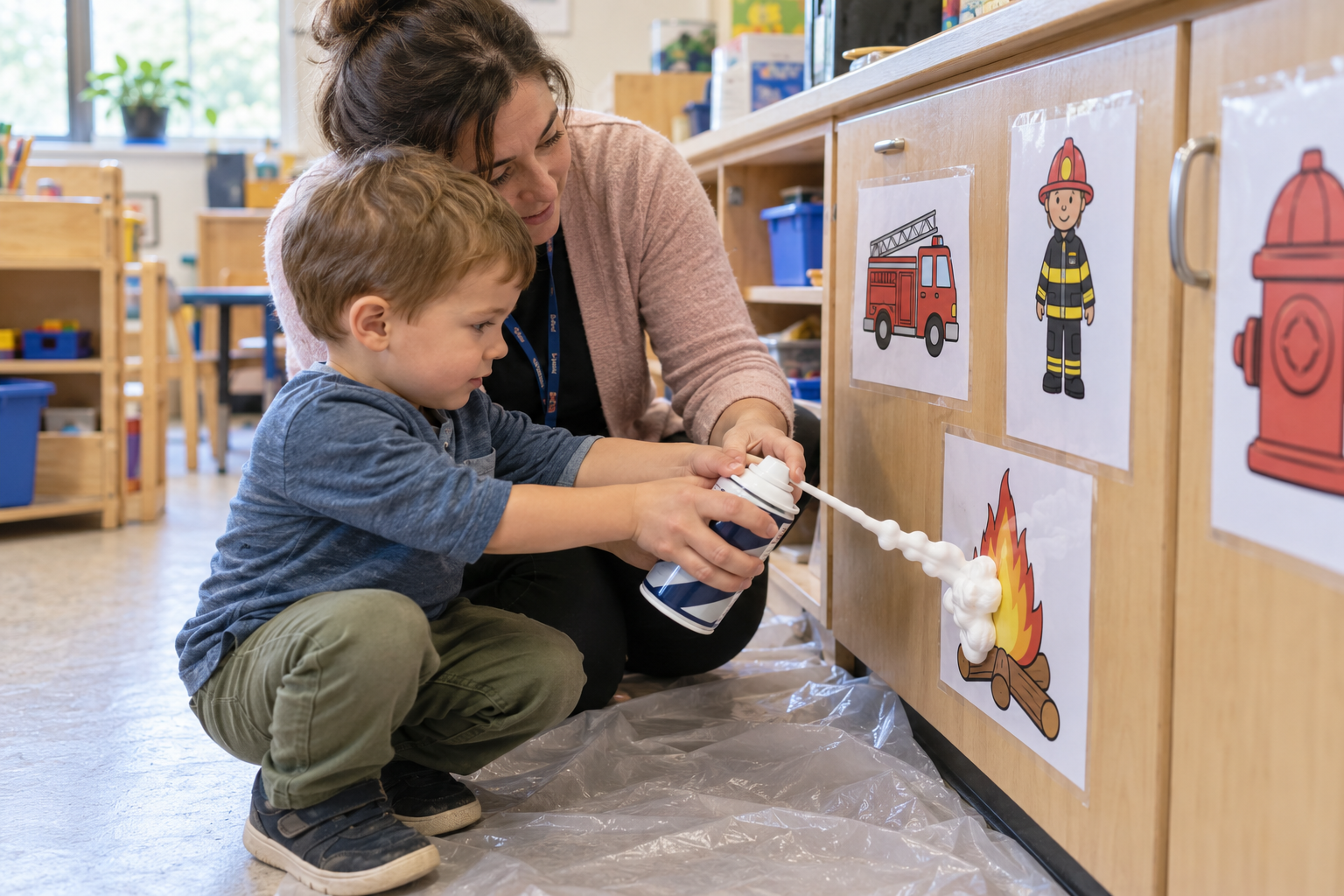Teacher helping a preschool child use shaving cream to pretend to extinguish a fire picture