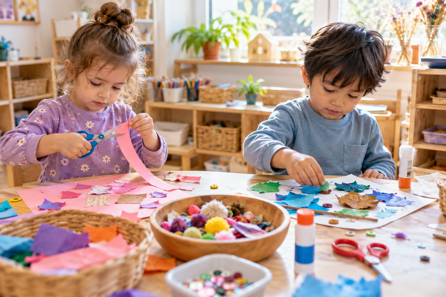 Two preschool children independently cutting paper and creating different open-ended collages