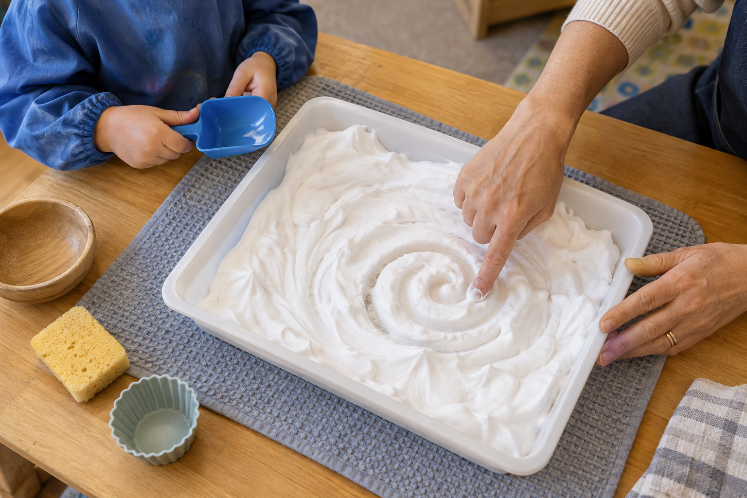 Teacher modeling shaving cream sensory play while a child uses a scoop