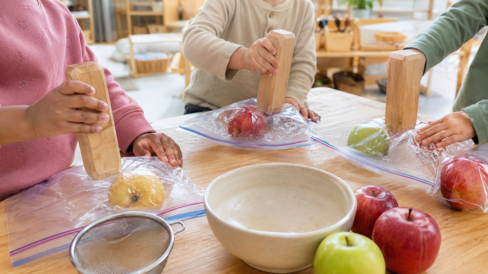 Preschool children smashing frozen apples in sealed bags to make apple juice during a hands-on apple science activity.