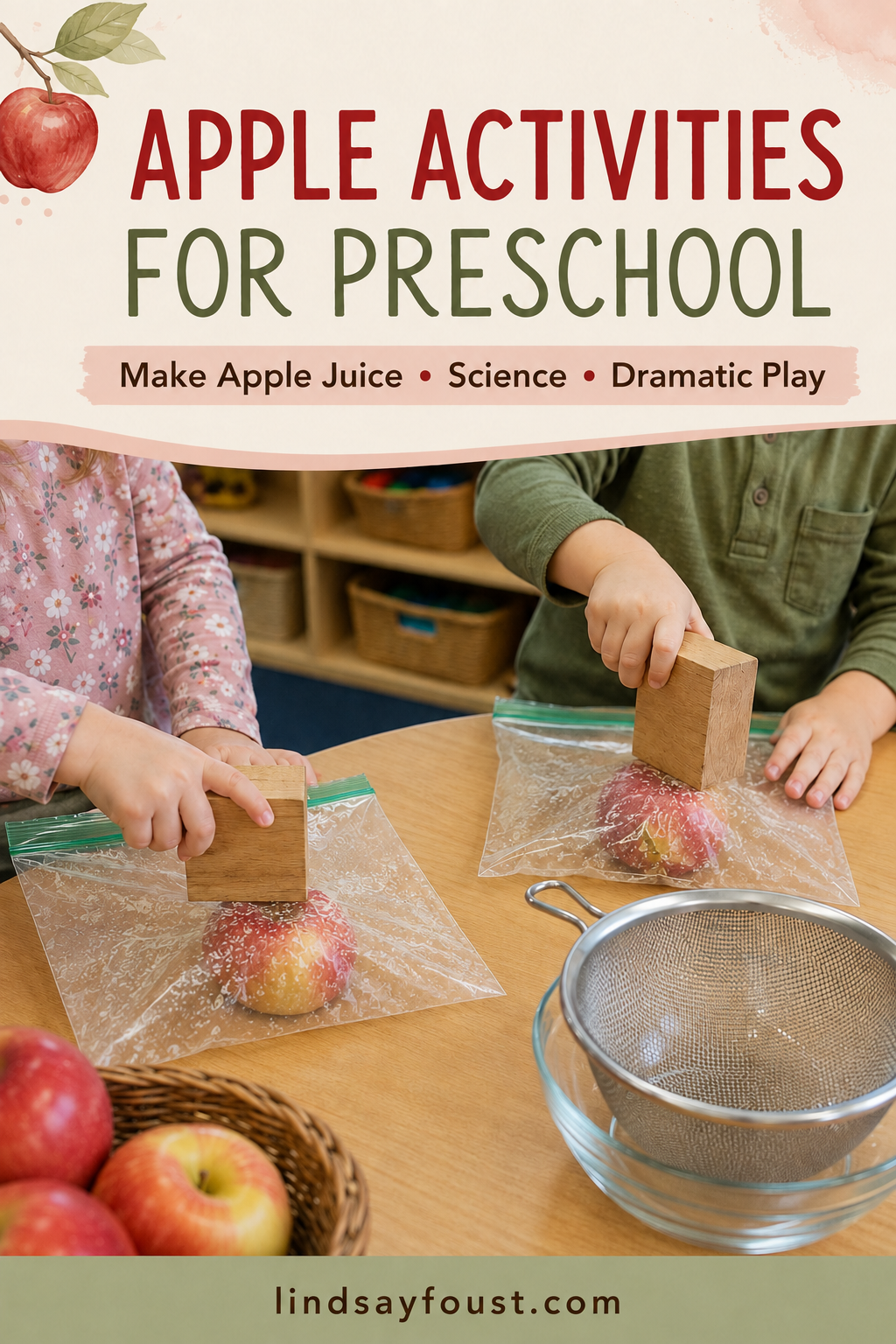 Pinterest graphic for apple activities for preschool featuring children smashing whole apples in sealed bags.