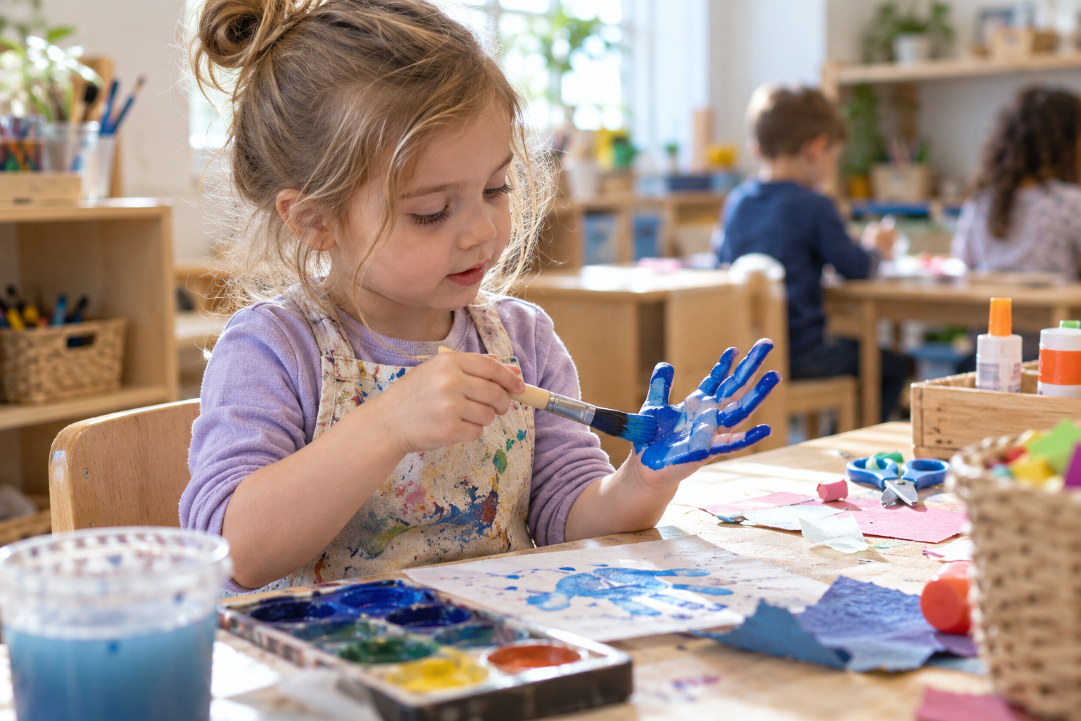 Preschool child independently painting her hand with washable blue paint at an open art center