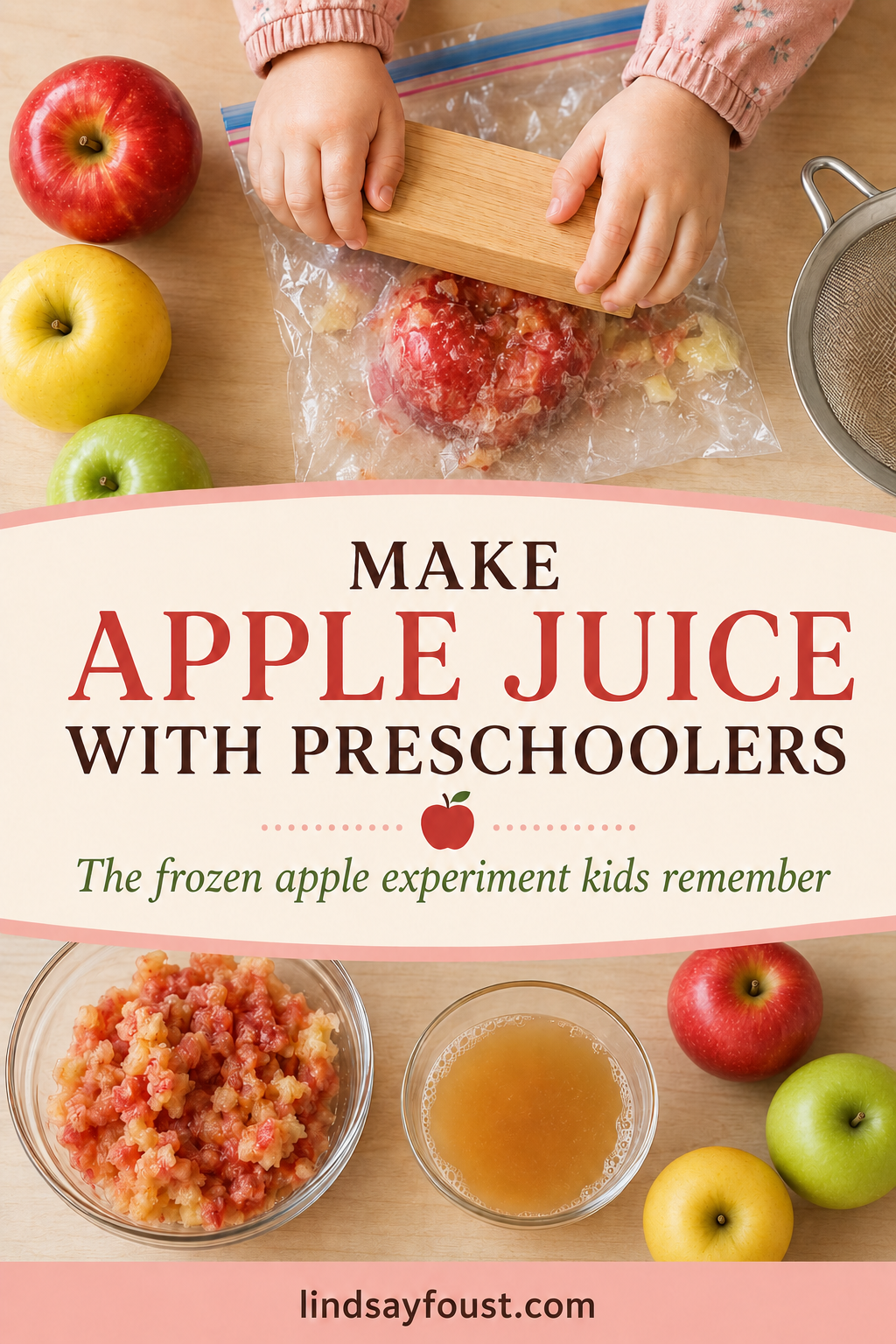 Pinterest graphic for making apple juice with preschoolers using a frozen whole apple experiment.