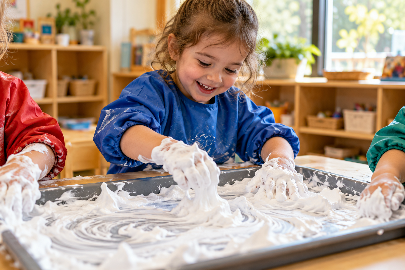 Preschool child joyfully exploring shaving cream with both hands