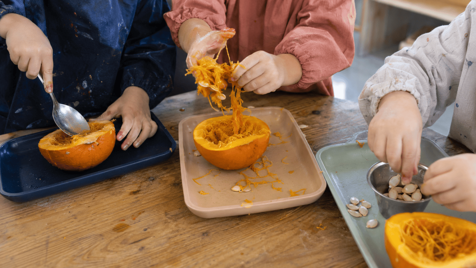 Preschool children investigating pumpkin halves, separating seeds and exploring stringy pumpkin fibers.