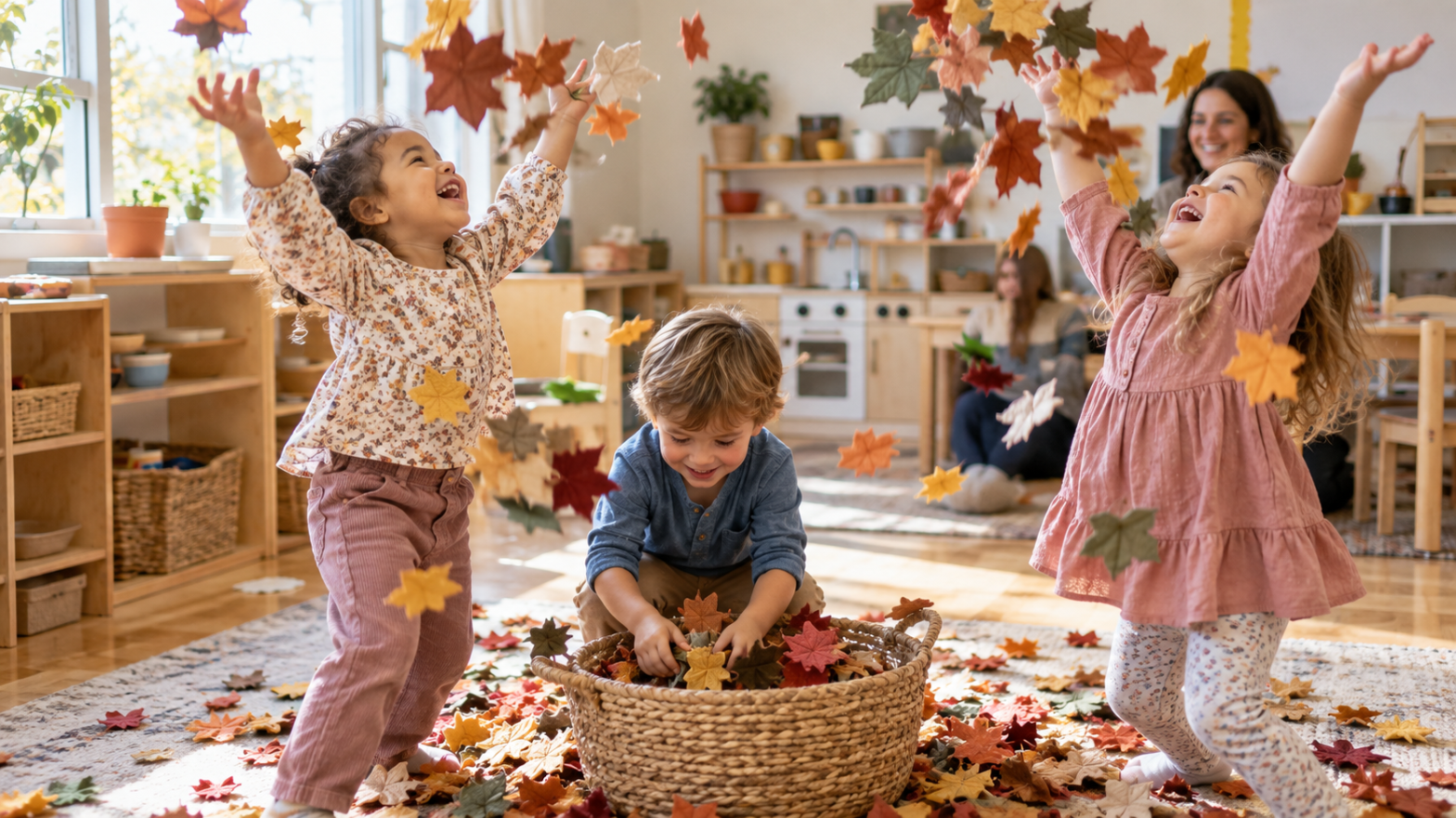 Preschool children joyfully throwing loose fabric leaves into the air during dramatic play