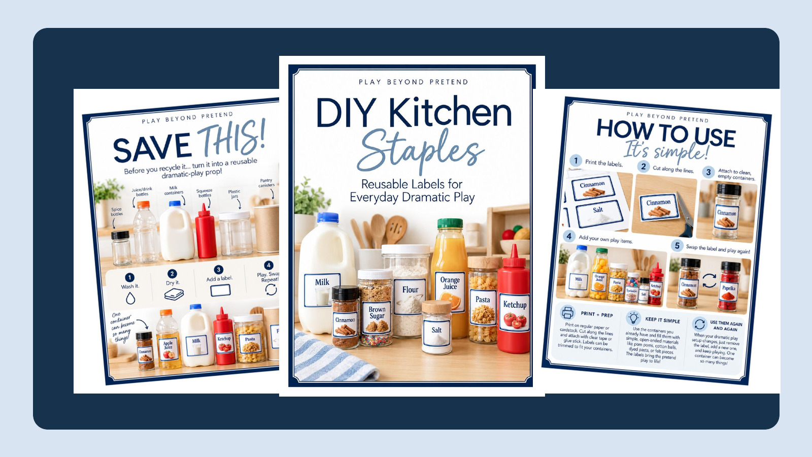 Preview pages from the free DIY Kitchen Staples dramatic play labels