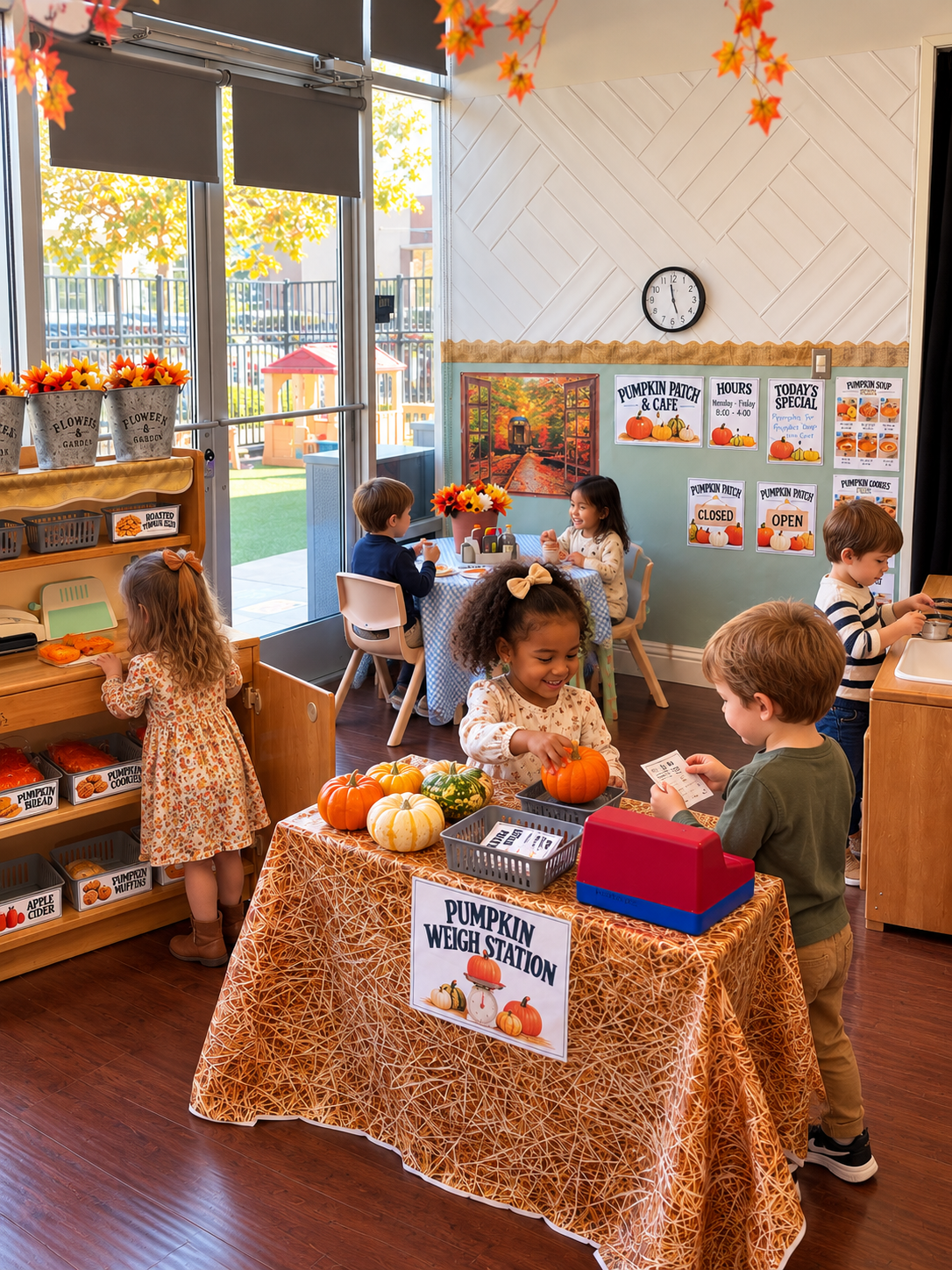 Inspiration image of preschool children playing in a pumpkin patch café dramatic-play center